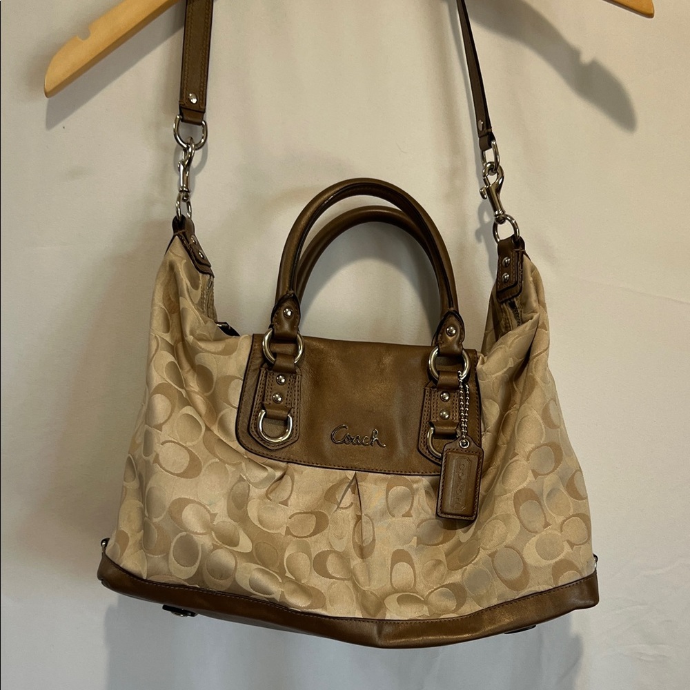 Coach Tan and Brown Signature Shoulder Bag